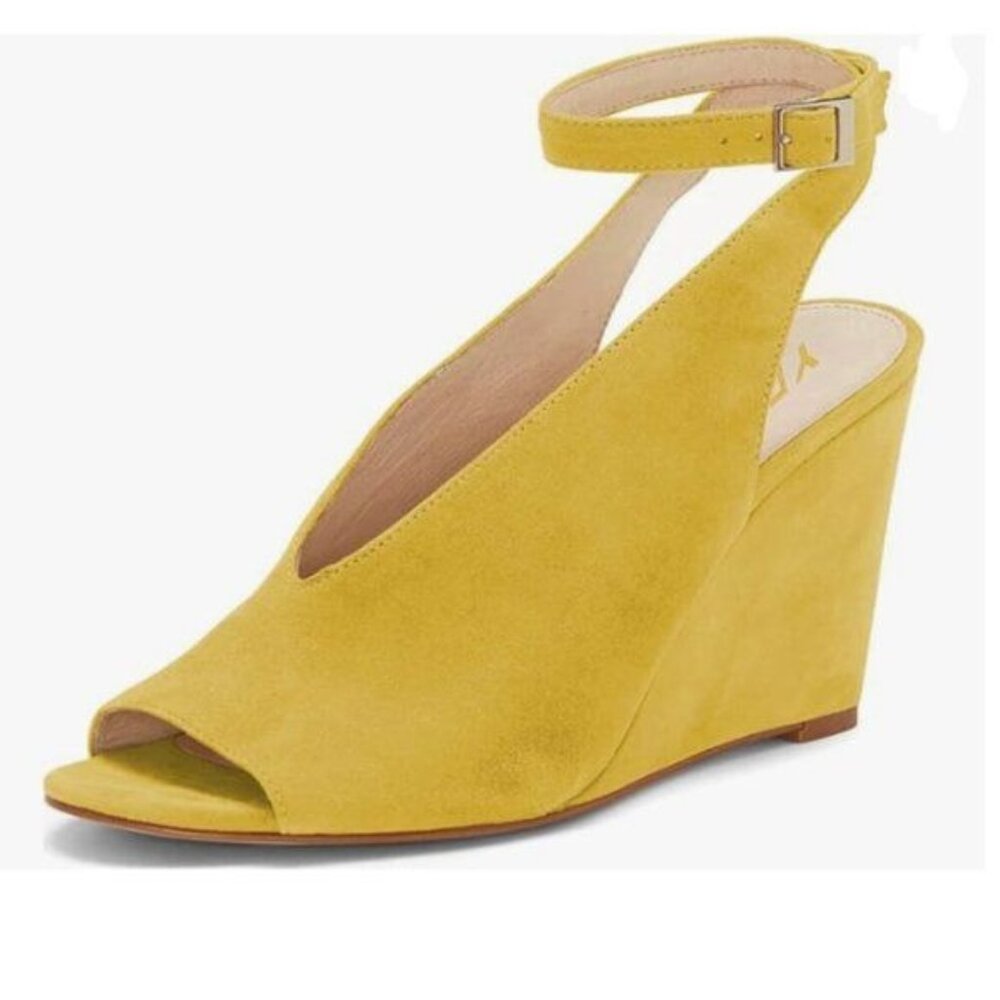 YDN Yellow Sandals Comfort Ankle Strap Slingback V-Cut Wedge Heels Peep Toe Fanc